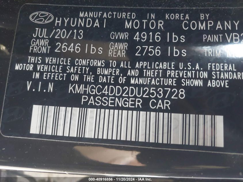 2013 Hyundai Genesis 3.8 VIN: KMHGC4DD2DU253728 Lot: 40916856