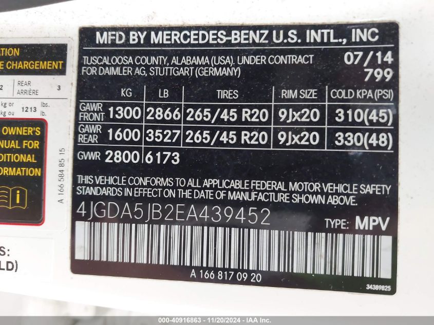 2014 Mercedes-Benz Ml 350 VIN: 4JGDA5JB2EA439452 Lot: 40916863