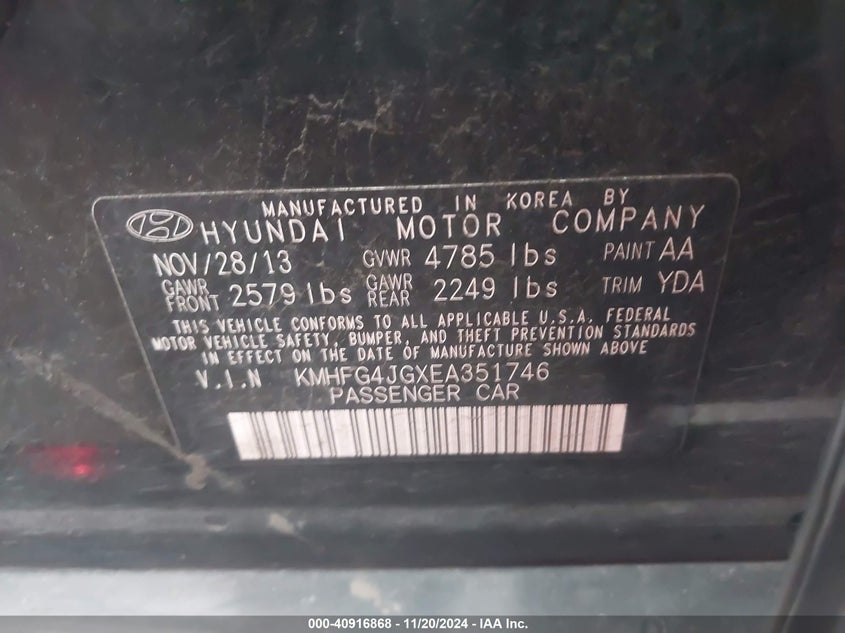 2014 HYUNDAI AZERA KMHFG4JGXEA351746