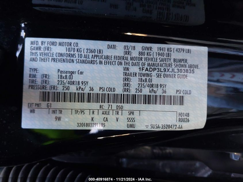 VIN 1FADP3L9XJL303835 2018 FORD FOCUS ST