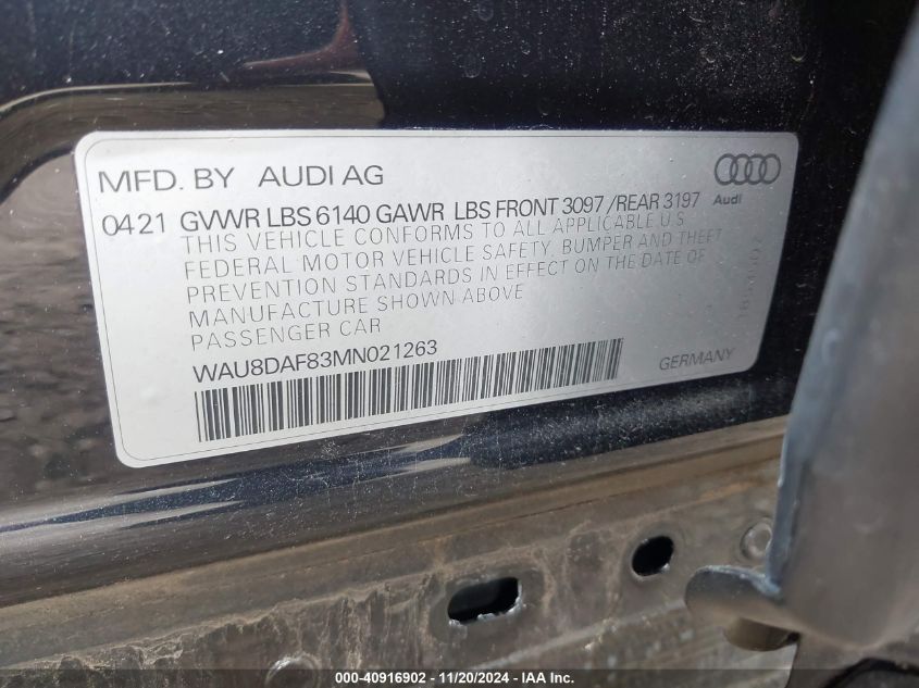 2021 Audi A8 L 55 Tfsi Quattro Tiptronic VIN: WAU8DAF83MN021263 Lot: 40916902