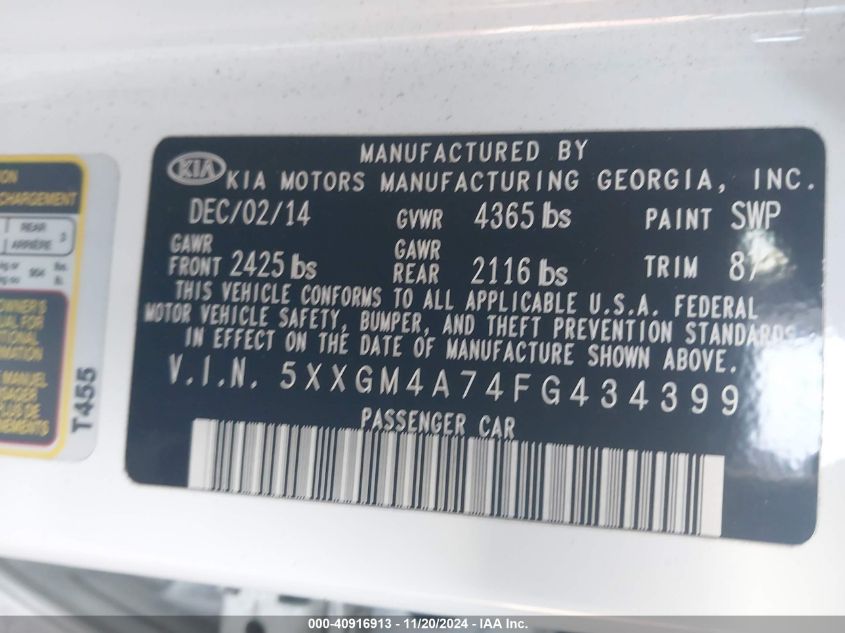 VIN 5XXGM4A74FG434399 2015 KIA OPTIMA no.9