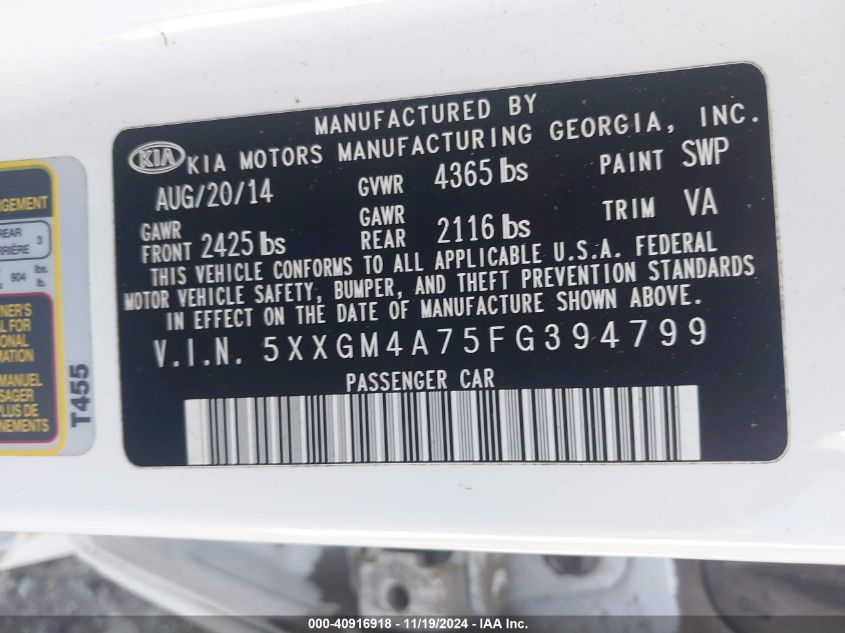 2015 Kia Optima Lx VIN: 5XXGM4A75FG394799 Lot: 40916918