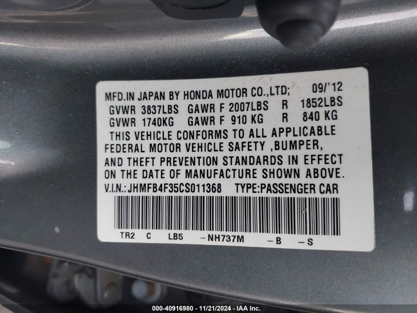 2012 Honda Civic Hybrid VIN: JHMFB4F35CS011368 Lot: 40916980