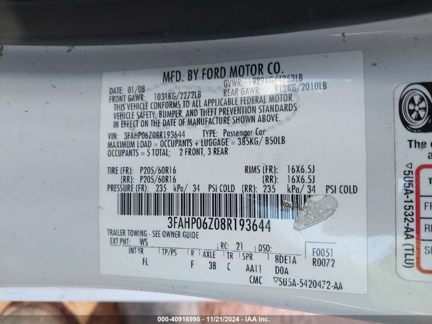 2008 Ford Fusion S VIN: 3FAHP06Z08R193644 Lot: 40916995