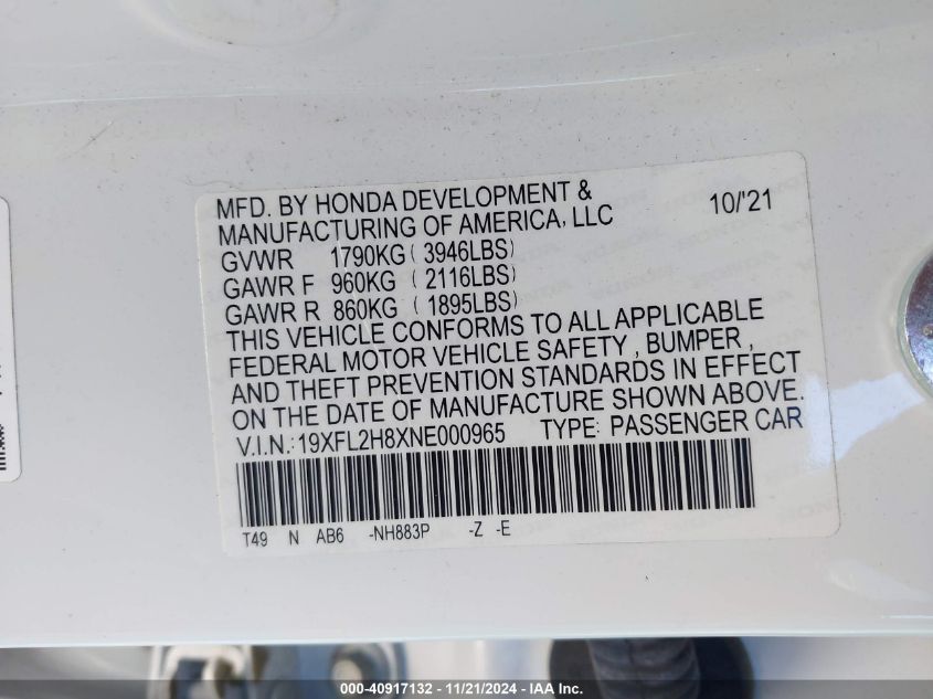2022 HONDA CIVIC VIN: 19XFL2H8XNE000965