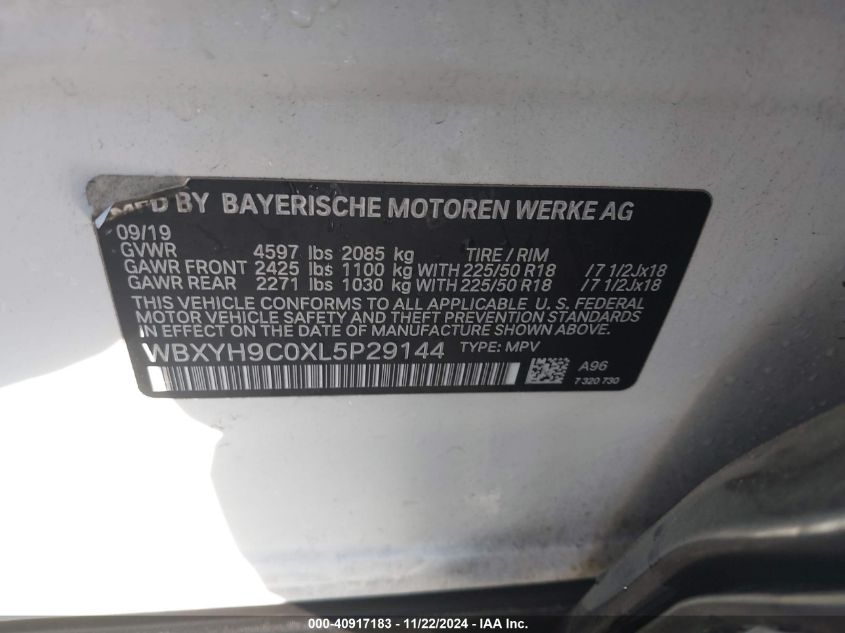 VIN WBXYH9C0XL5P29144 2020 BMW X2 no.9