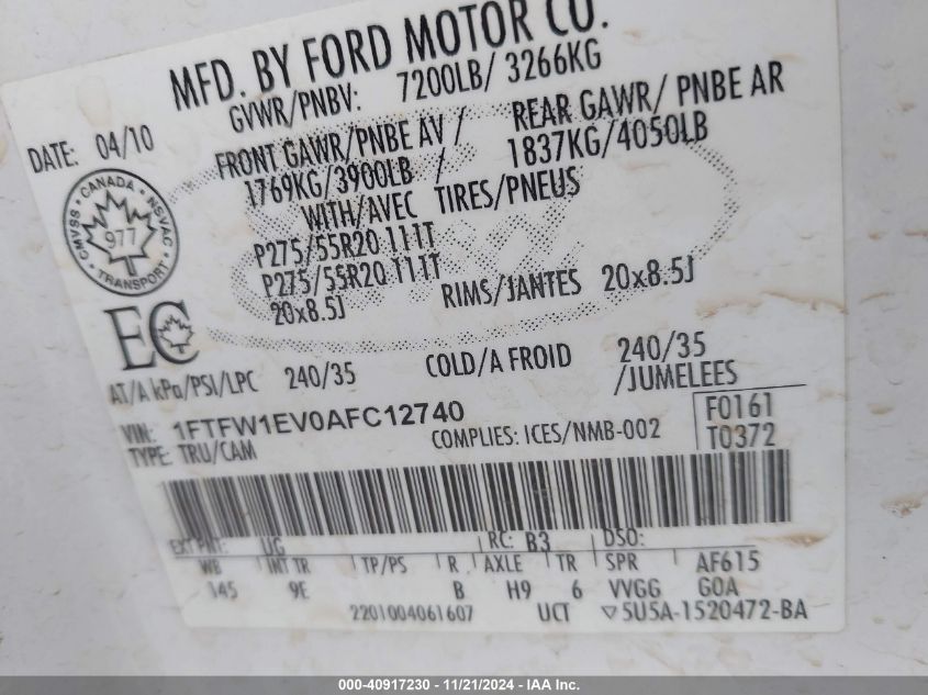 2010 Ford F-150 Fx4/Harley-Davidson/King Ranch/Lariat/Platinum/Xl/Xlt VIN: 1FTFW1EV0AFC12740 Lot: 40917230