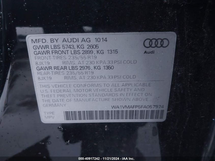 2015 Audi Q5 3.0 Tdi Premium Plus VIN: WA1VMAFP5FA057974 Lot: 40917242