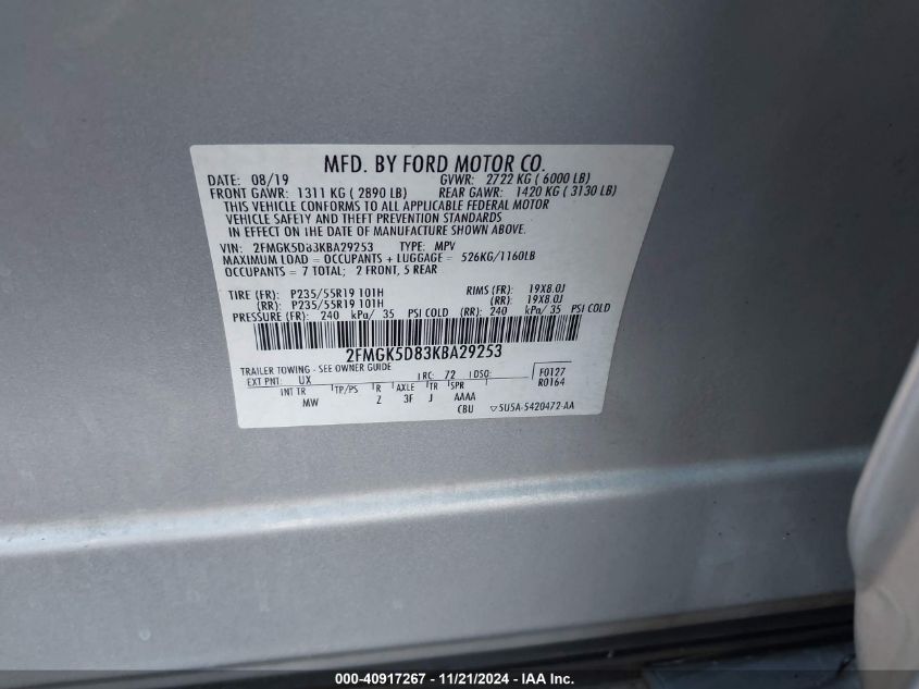 VIN 2FMGK5D83KBA29253 2019 Ford Flex, Limited no.9