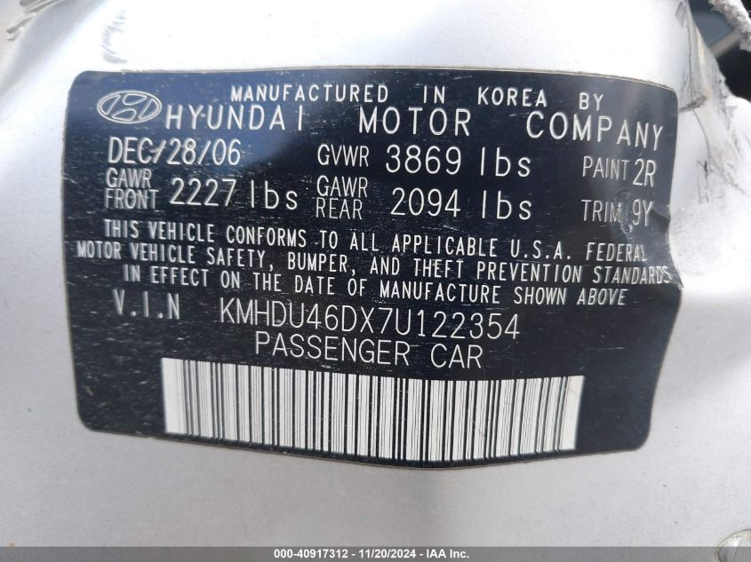 2007 Hyundai Elantra Gls/Limited/Se VIN: KMHDU46DX7U122354 Lot: 40917312