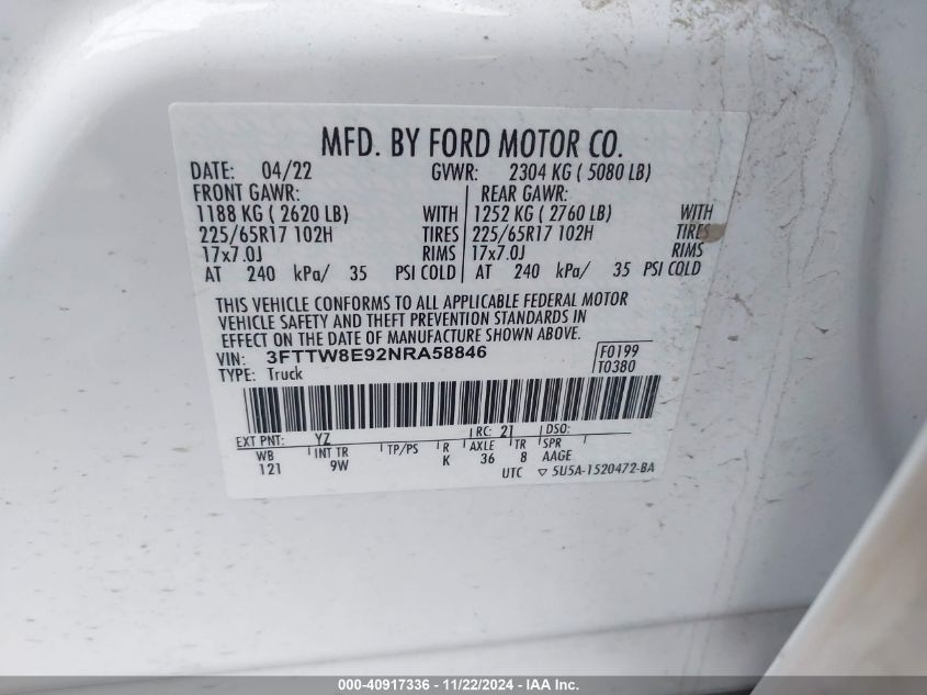 2022 Ford Maverick Xl VIN: 3FTTW8E92NRA58846 Lot: 40917336