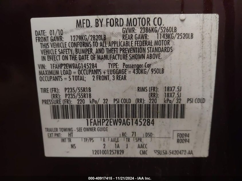 2010 Ford Taurus Sel VIN: 1FAHP2EW9AG145284 Lot: 40917415