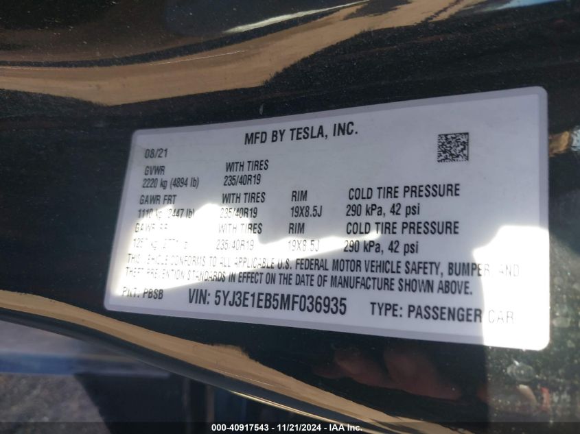 2021 Tesla Model 3 Long Range Dual Motor All-Wheel Drive VIN: 5YJ3E1EB5MF036935 Lot: 40917543