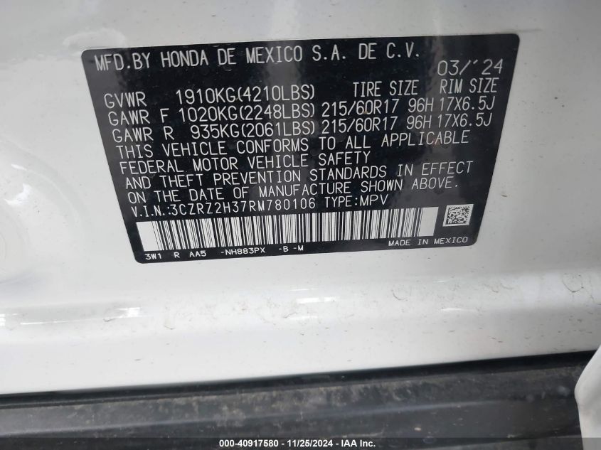 2024 Honda Hr-V Awd Lx VIN: 3CZRZ2H37RM780106 Lot: 40917580