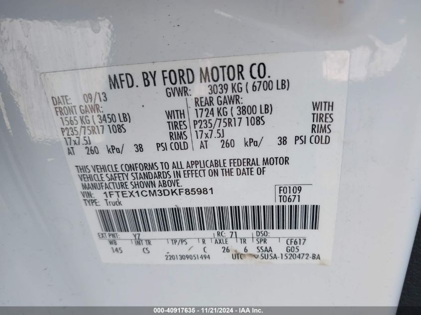 2013 Ford F-150 Xl VIN: 1FTEX1CM3DKF85981 Lot: 40917635