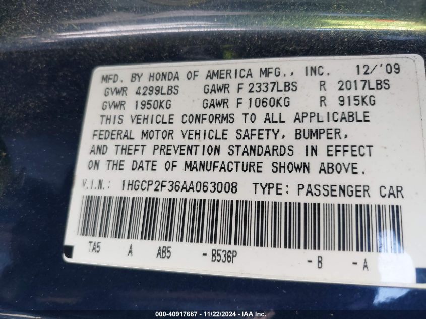 2010 Honda Accord 2.4 Lx VIN: 1HGCP2F36AA063008 Lot: 40917687