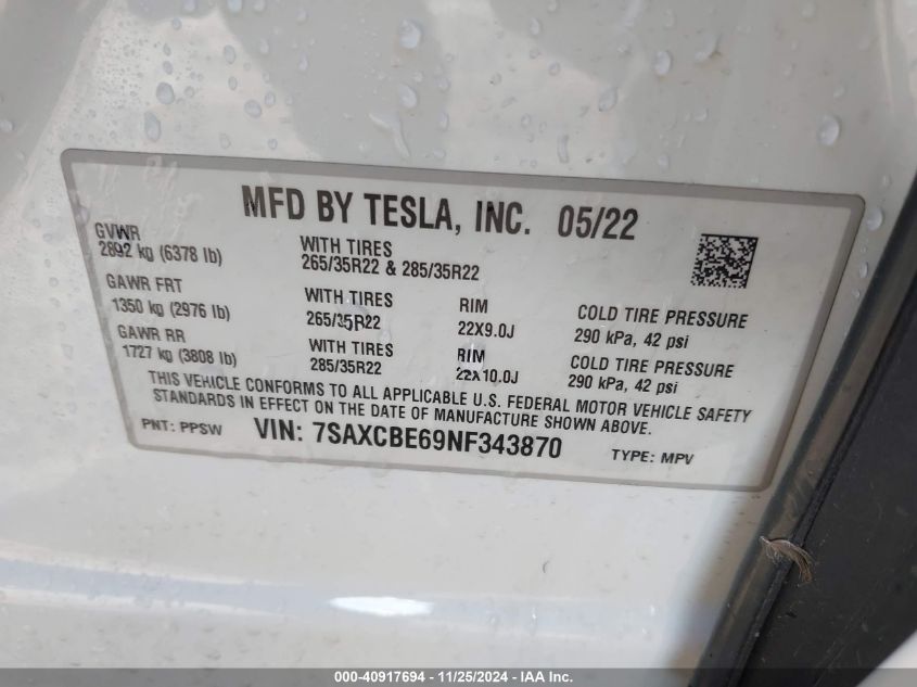 2022 Tesla Model X Plaid Tri Motor All-Wheel Drive VIN: 7SAXCBE69NF343870 Lot: 40917694