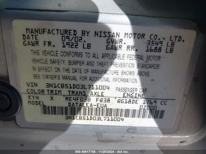 2003 Nissan Sentra Gxe VIN: 3N1CB51D03L711004 Lot: 40917756