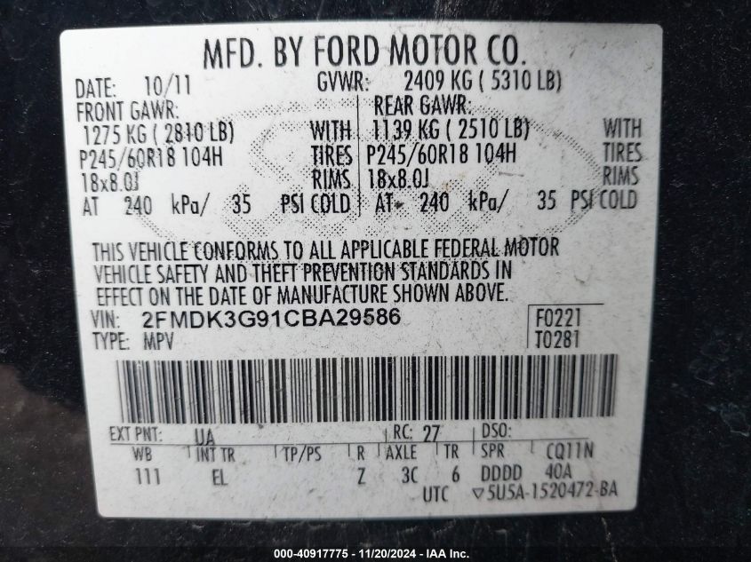 2012 Ford Edge Se VIN: 2FMDK3G91CBA29586 Lot: 40917775