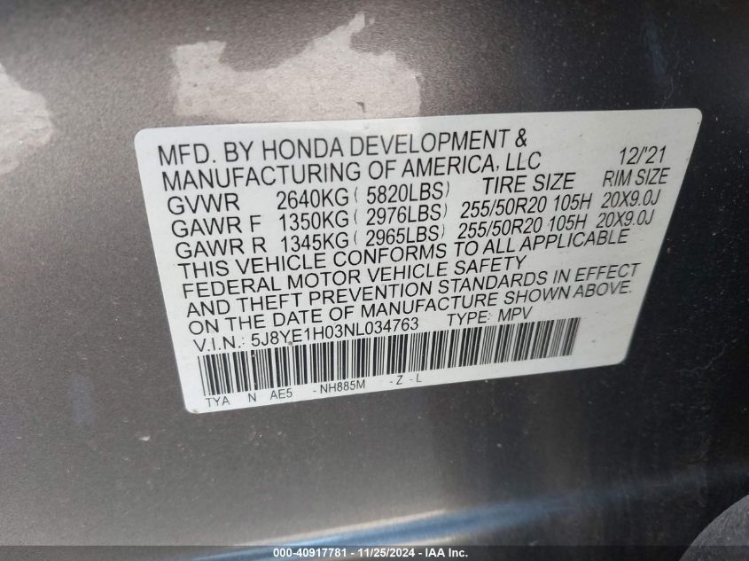 VIN 5J8YE1H03NL034763 2022 Acura MDX, A-Spec Package no.9