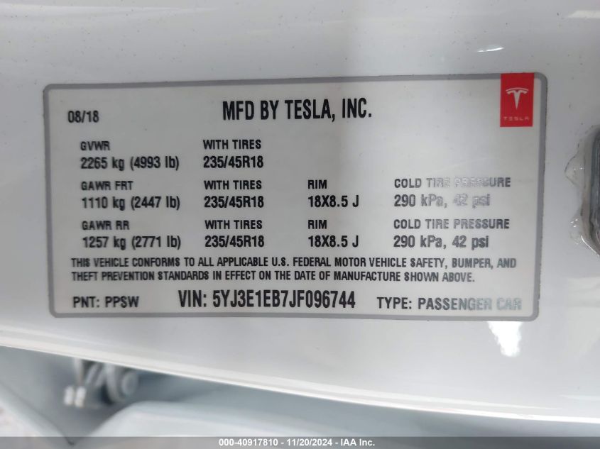 2018 TESLA MODEL 3 LONG RANGE/PERFORMANCE - 5YJ3E1EB7JF096744