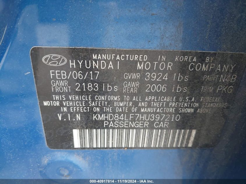 2017 HYUNDAI ELANTRA SE - KMHD84LF7HU397210