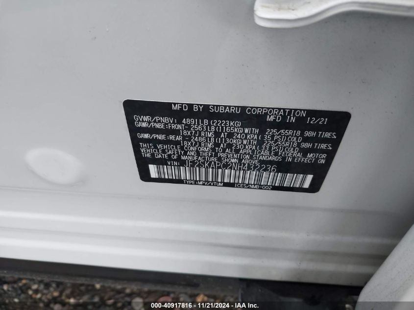 2022 Subaru Forester Limited VIN: JF2SKAPC2NH432236 Lot: 40917816