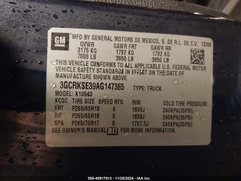 2010 Chevrolet Silverado 1500 Lt VIN: 3GCRKSE39AG147365 Lot: 40917913