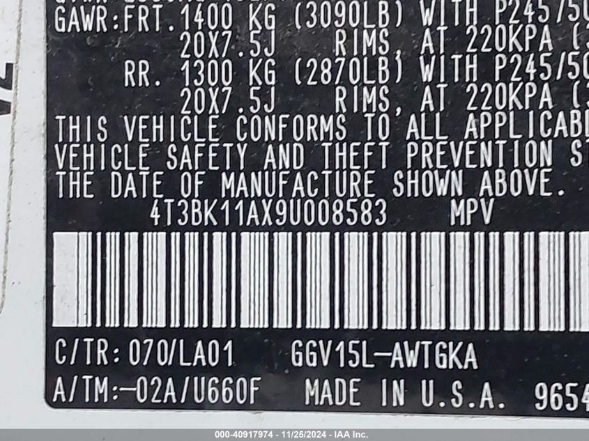 2009 Toyota Venza Base V6 VIN: 4T3BK11AX94008583 Lot: 40917974