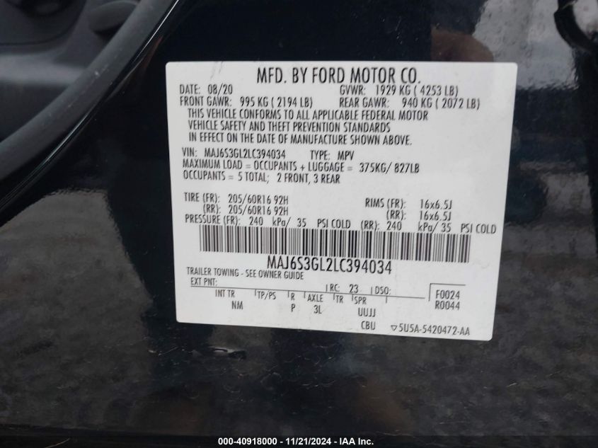 2020 Ford Ecosport Se VIN: MAJ6S3GL2LC394034 Lot: 40918000