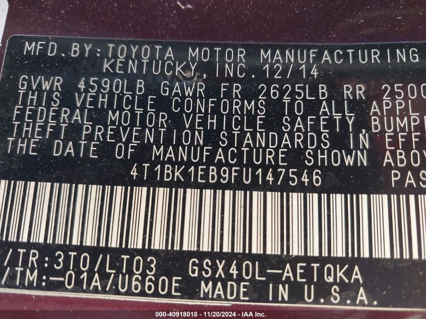 Image 9 of 2015 Toyota Avalon  salvage vehicle - Lot #40918018 at IAAI