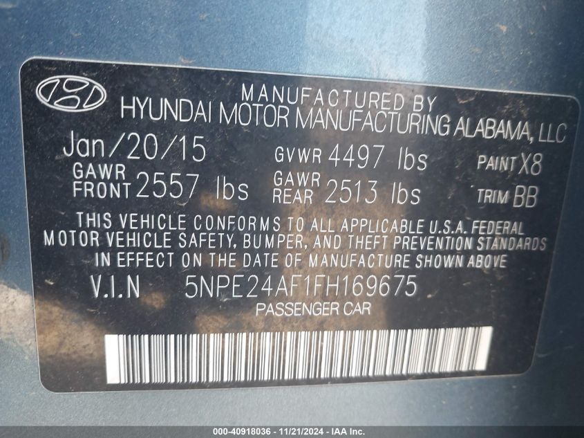 2015 Hyundai Sonata Se VIN: 5NPE24AF1FH169675 Lot: 40918036