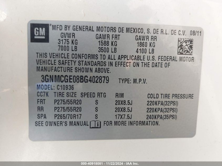 2011 CHEVROLET AVALANCHE VIN: 3GNMCGE08BG402879