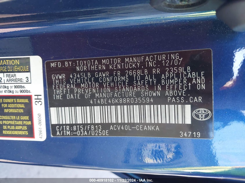 2008 Toyota Camry Le VIN: 4T4BE46K88R035594 Lot: 40918102