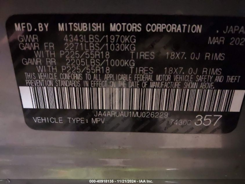 2021 Mitsubishi Outlander Sport Es/Le/Be/Se VIN: JA4ARUAU1MU026229 Lot: 40918135