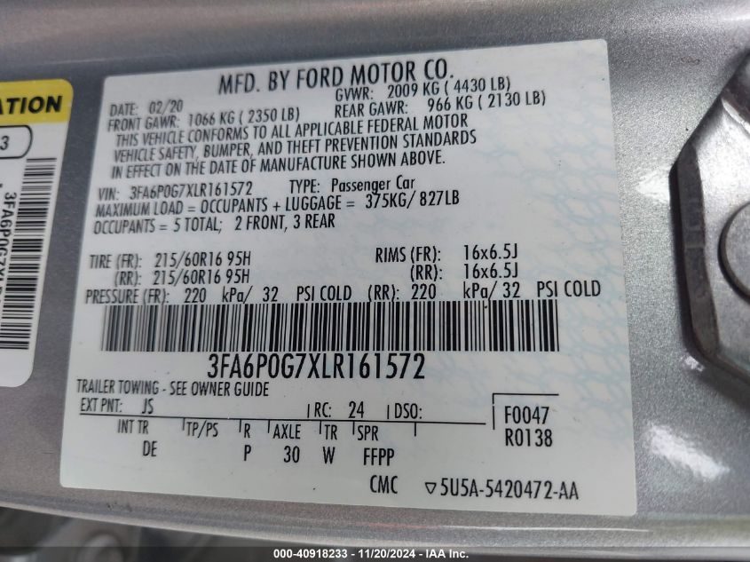 VIN 3FA6P0G7XLR161572 2020 Ford Fusion, S no.9