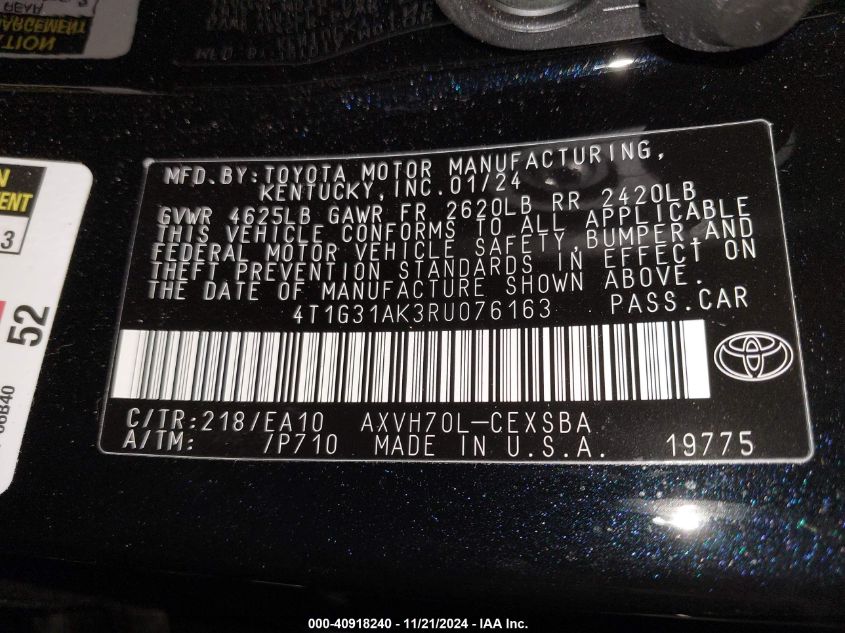 2024 TOYOTA CAMRY HYBRID VIN: 4T1G31AK3RU076163