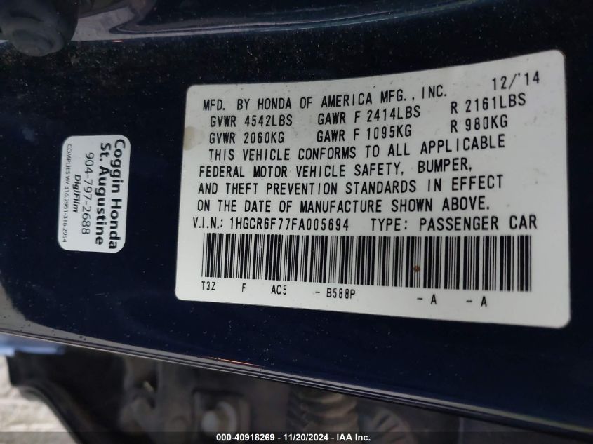 2015 HONDA ACCORD HYBRID VIN: 1HGCR6F77FA005694