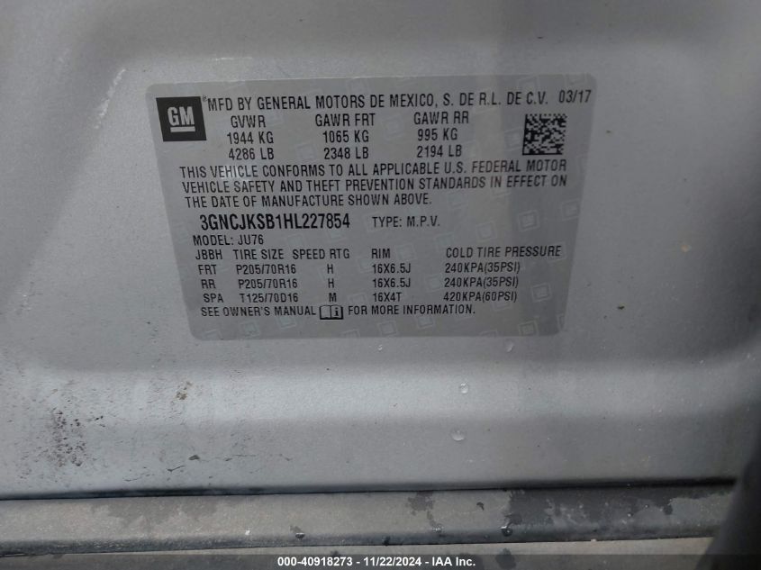 2017 CHEVROLET TRAX LS - 3GNCJKSB1HL227854