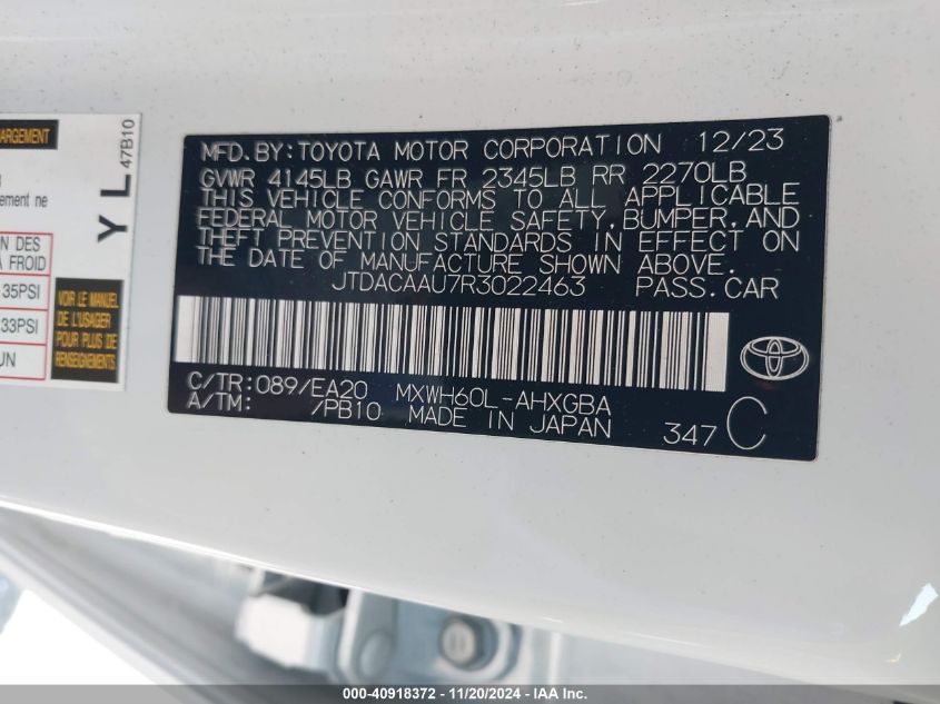 VIN JTDACAAU7R3022463 2024 Toyota Prius, Xle no.9