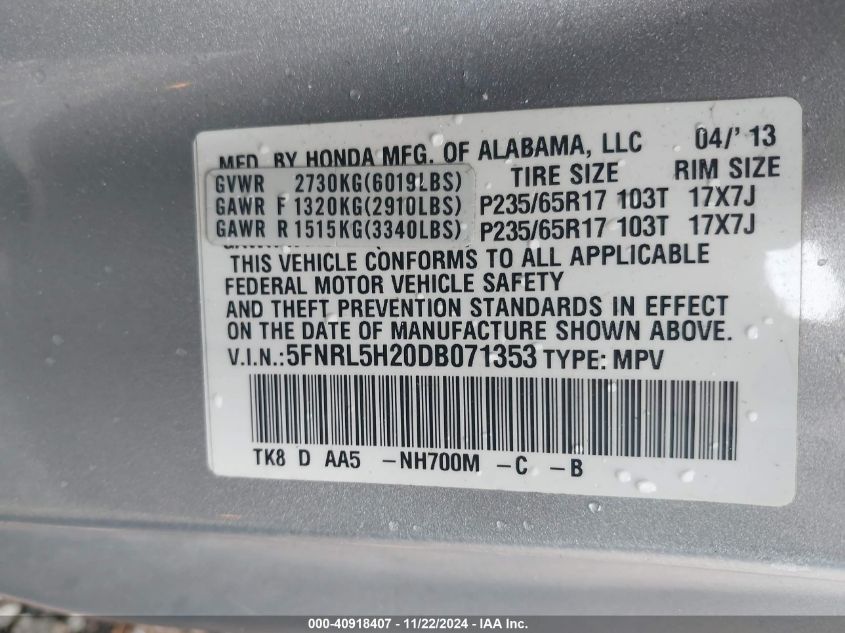 2013 Honda Odyssey Lx VIN: 5FNRL5H20DB071353 Lot: 40918407