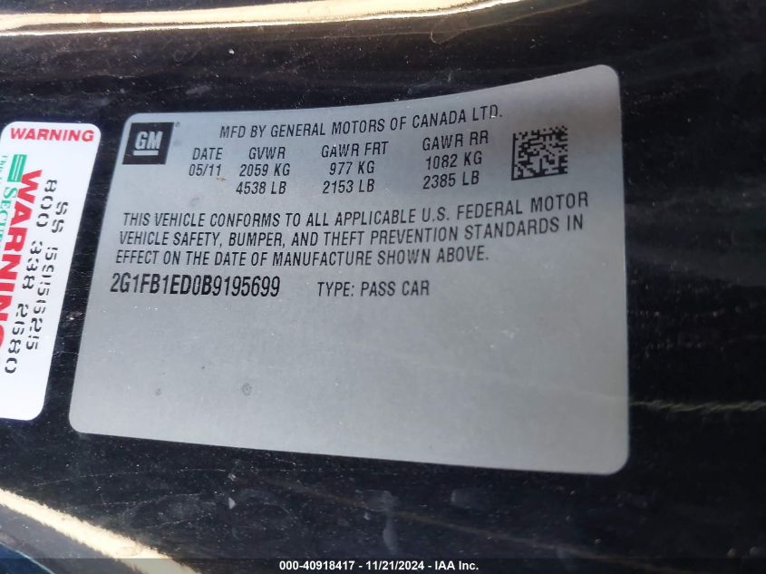 2011 CHEVROLET CAMARO VIN: 2G1FB1ED0B9195699