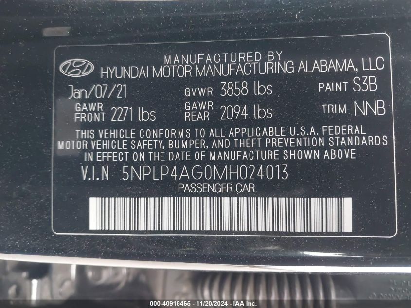 VIN 5NPLP4AG0MH024013 2021 Hyundai Elantra, Limited no.9