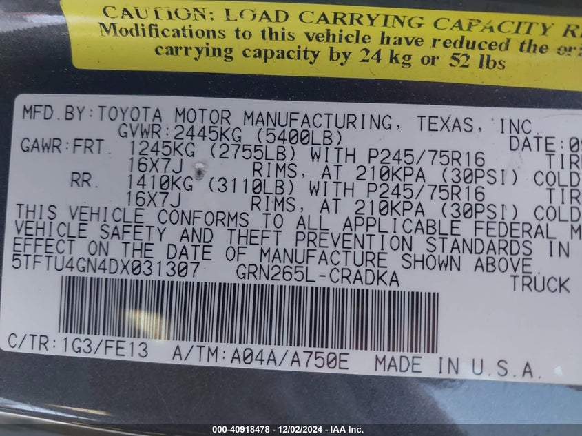 2013 TOYOTA TACOMA VIN: 5TFTU4GN4DX031307