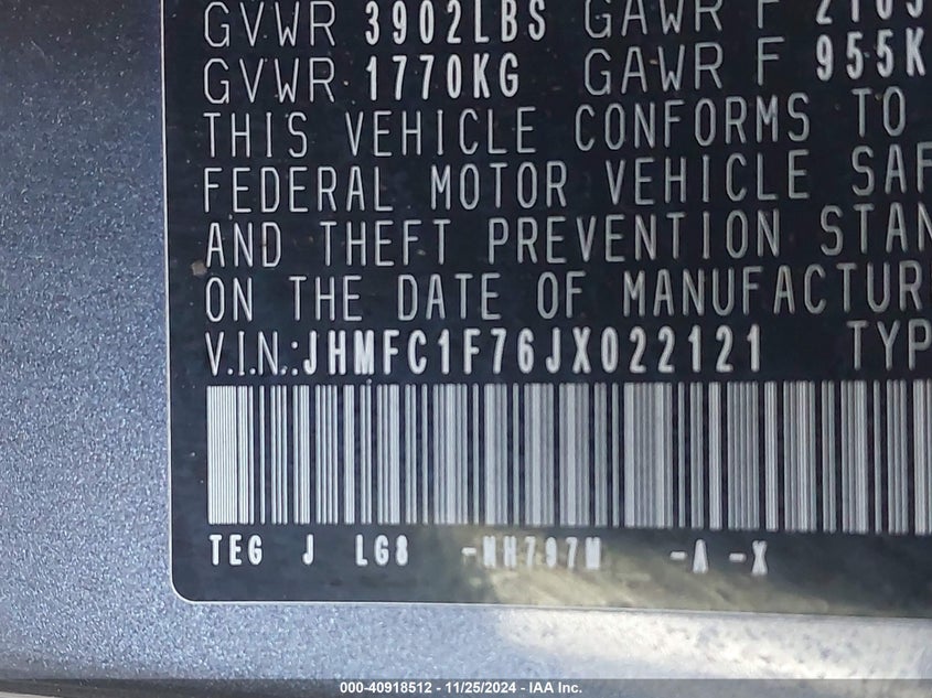 2018 HONDA CIVIC VIN: JHMFC1F76JX022121