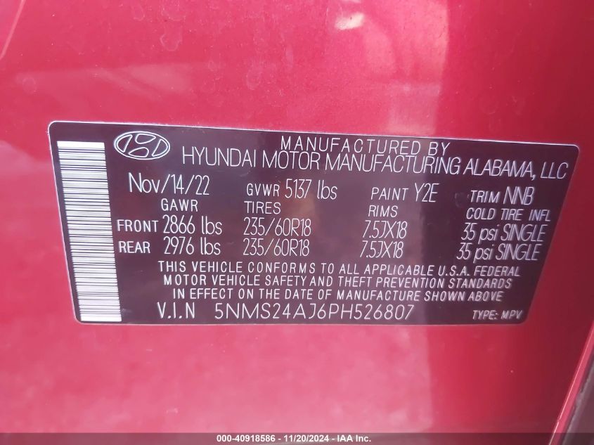 2023 Hyundai Santa Fe Sel VIN: 5NMS24AJ6PH526807 Lot: 40918586