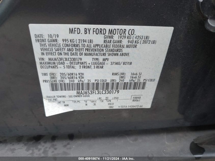 2020 Ford Ecosport S VIN: MAJ6S3FL3LC330179 Lot: 40918674