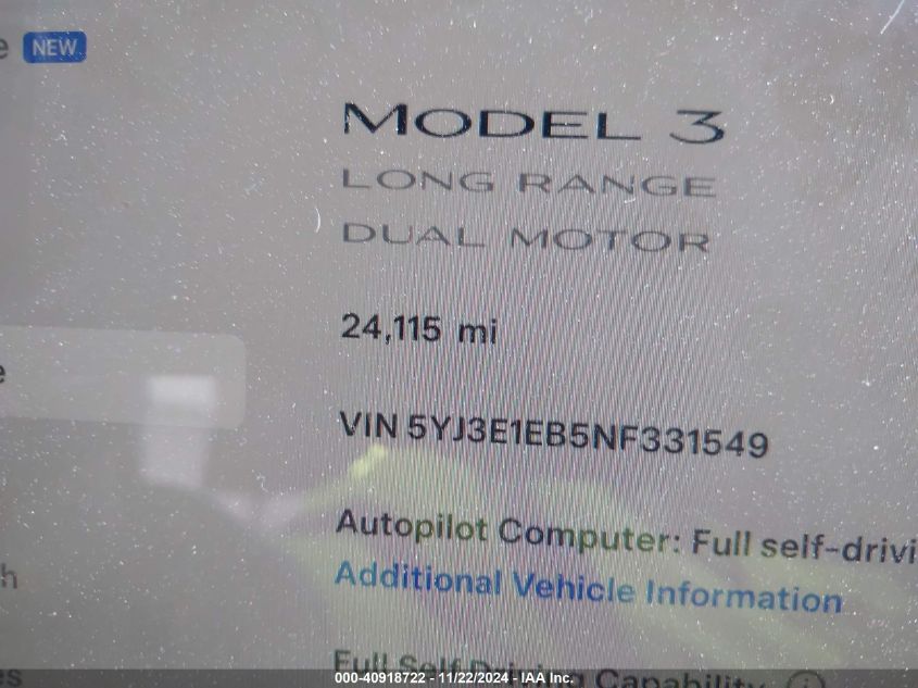 VIN 5YJ3E1EB5NF331549 2022 TESLA MODEL 3 no.15