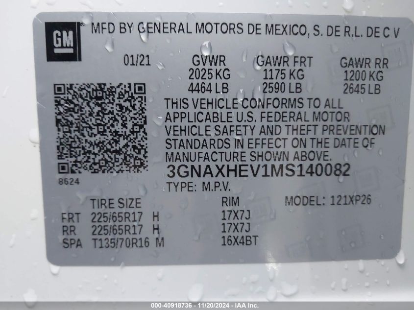 2021 Chevrolet Equinox Fwd Ls VIN: 3GNAXHEV1MS140082 Lot: 40918736